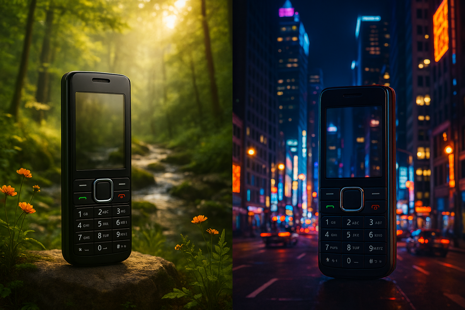 Two feature phones on each side, one is a beautiful nature setting the other is a cosmopolitan city scape